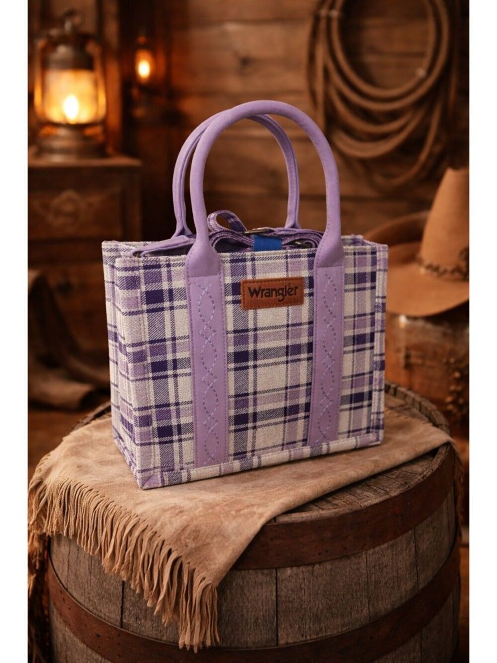 New Western Wrangler Medium Tote Bag Purple Plaid Gingham Purse